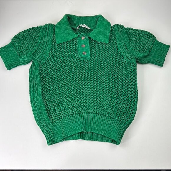 Zara Knit Kelly Green Collared Short Sleeve Crocheted Sweater - Picture 3 of 8